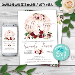 EDITABLE Burgundy Bridal Shower Invitation, Fall Bridal Shower Invitation Fall In Love Wedding Shower Invite Fall In Love Bridal Shower 0123