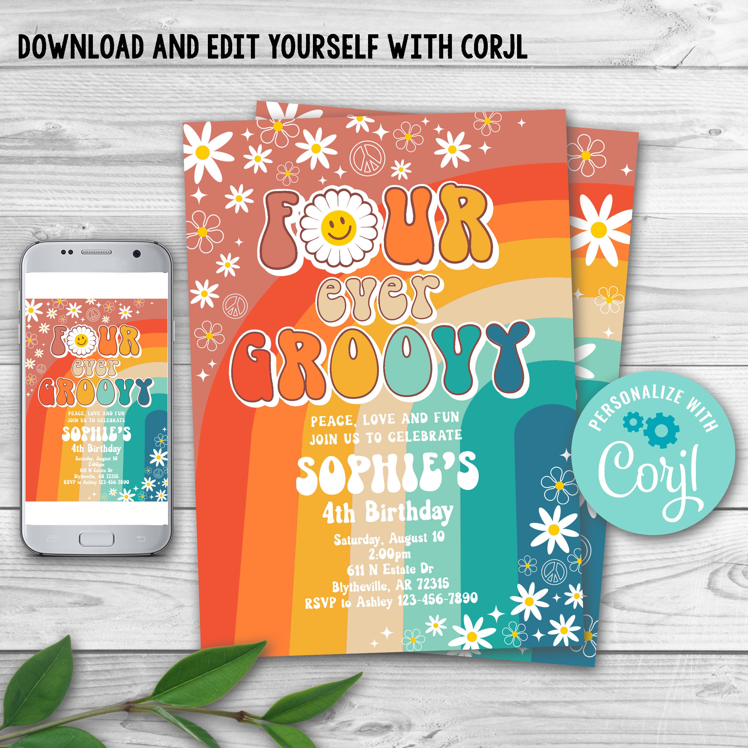 Editable Four Ever Groovy Birthday Party Invitation Daisy Hippie 70's ...