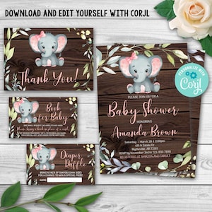 Editable Elephant Baby Shower Pack, Elephant Baby Shower Set,  Elephant Baby Shower Invitation Package Template Rustic Wood Baby Shower 0102