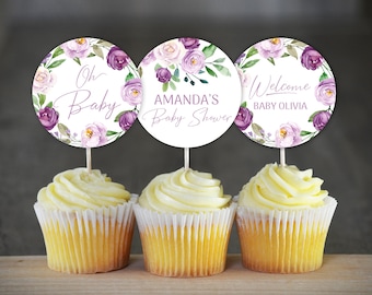 Purple Floral Baby Shower Cupcake Toppers Lilac Floral Shower Decoration Gender Neutral Purple Floral Cupcake Toppers Lavender Shower 0128