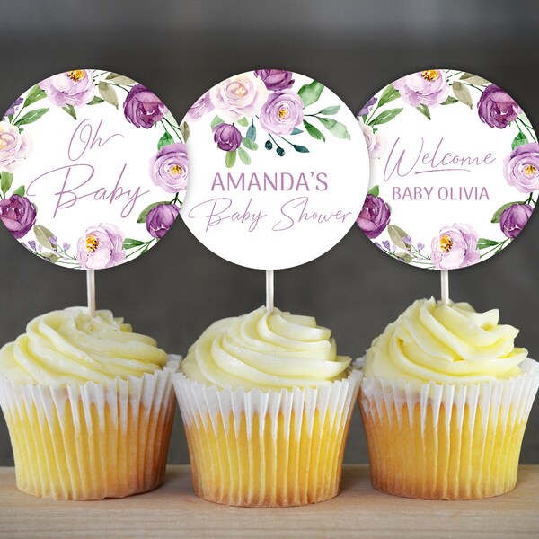 Purple Floral Baby Shower Cupcake Toppers Lilac Floral Shower Decoration Gender Neutral Purple Floral Cupcake Toppers Lavender Shower 0128