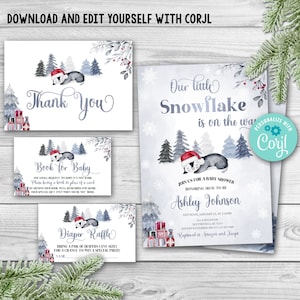 EDITABLE Winter Baby Shower Invitation Set Penguin Baby Shower Set Package Holiday Little Snowflake is on the Way Baby Shower Pack 0158