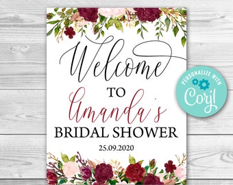 Editable Burgundy Floral Bridal Shower Welcome sign. Marsala Bridal Shower Template. Bridal Welcome Sign Template. Fall Autumn Sign.