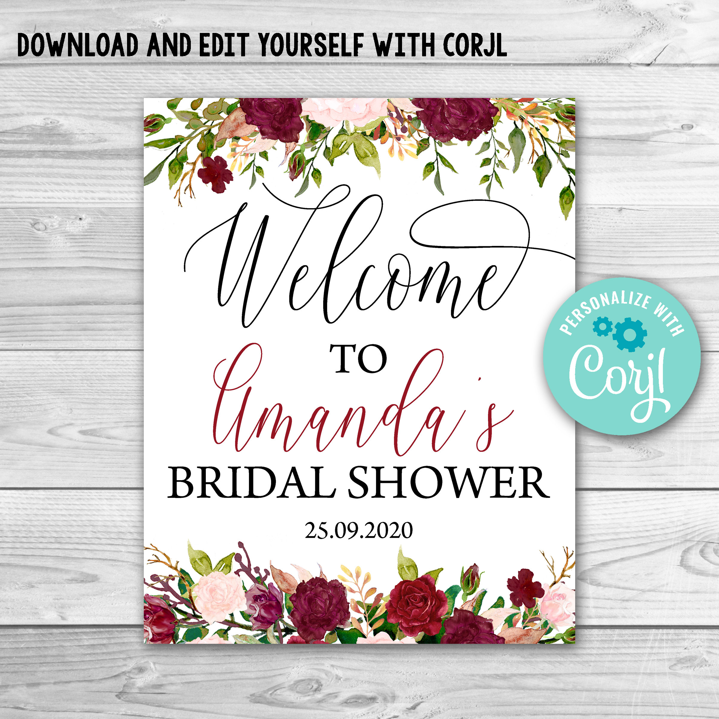 Editable Burgundy Floral Bridal Shower Welcome sign. Marsala | Etsy