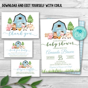 Editable Farm Animal Baby Shower Invitation Set Blue Farm Baby Shower Invitation Pack Boy Blue Barnyard Baby Shower Template 0227 image 1