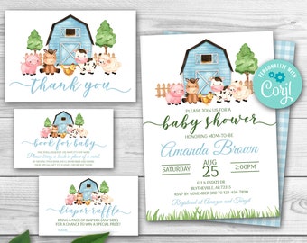 Editable Farm Animal Baby Shower Invitation Set Blue Farm Baby Shower Invitation Pack Boy Blue Barnyard Baby Shower Template 0227