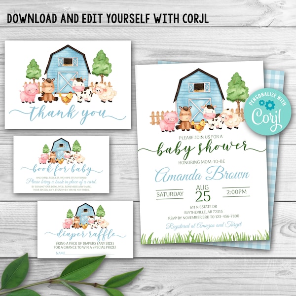 Editable Farm Animal Baby Shower Invitation Set Blue Farm Baby Shower Invitation Pack Boy Blue Barnyard Baby Shower Template 0227