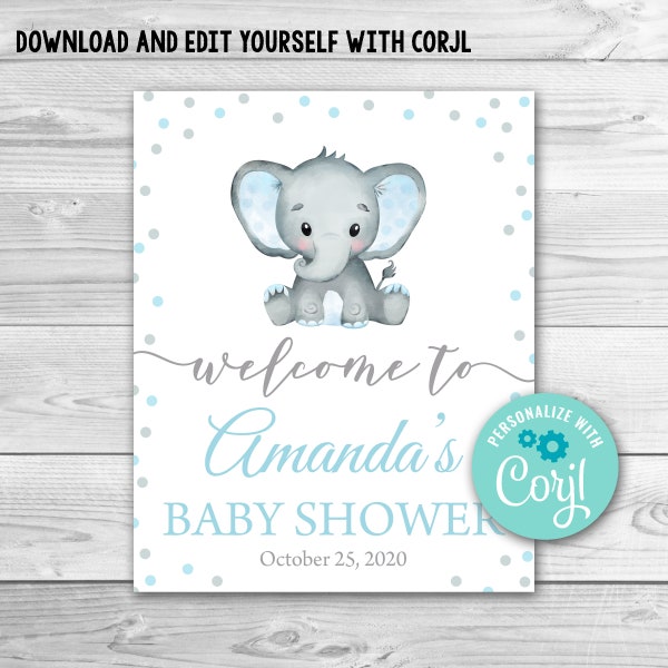 Signo de bienvenida editable de Elephant Baby Shower. Señal de bienvenida del elefante azul. Elefante Baby Shower Signo Plantilla Niño Elefante Bienvenido signo 0166