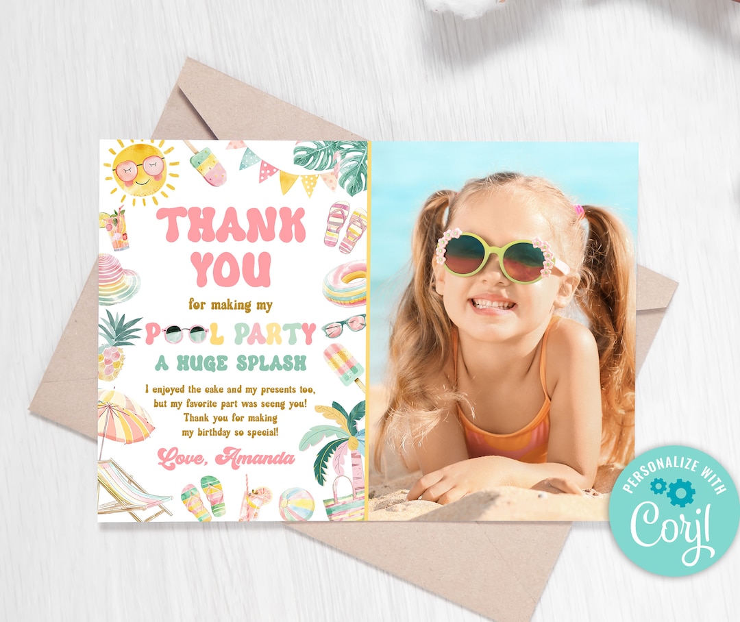 Editable Pool Party Thank You Card Tropical Splish Splash Pool Party ...