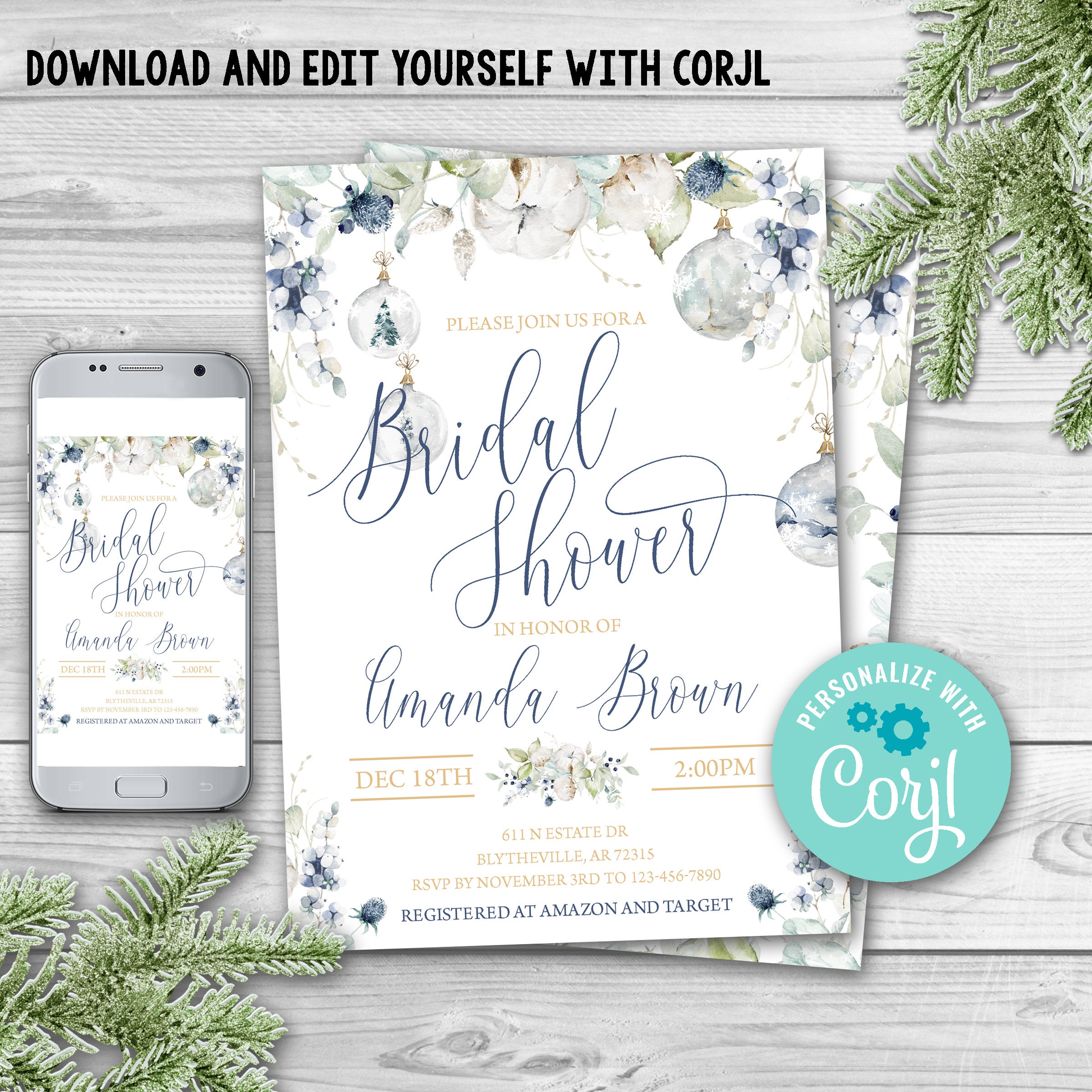 Winter Bridal Shower Invitation Template Editable Christmas | Etsy