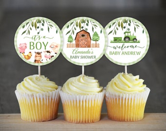 Farm Animals Cupcake Toppers, Boy Baby Shower Decoration (Digital Download)