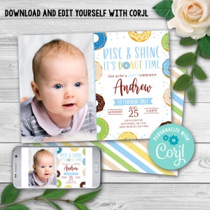 Editable Rise and Shine Donut Time Birthday Invitation, Birthday Party Blue Boy Doughnut Invitation, Donut Birthday Party Invitation 0105