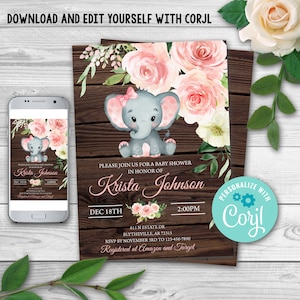 Editable Elephant Baby Shower Invitation. Baby Elephant Girl Baby Shower Invite. Peanut Girl Invite. Rustic Wood Elephant Baby Shower 0167