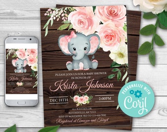 Editable Elephant Baby Shower Invitation. Baby Elephant Girl Baby Shower Invite. Peanut Girl Invite. Rustic Wood Elephant Baby Shower 0167