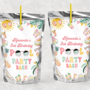 EDITIERBARE Pool Party Saftbeutel Etiketten Girly Splash Pad Wasserrutsche Planschbecken Sommer Party Saft Etiketten Sommer Pool Party Geburtstag 0228