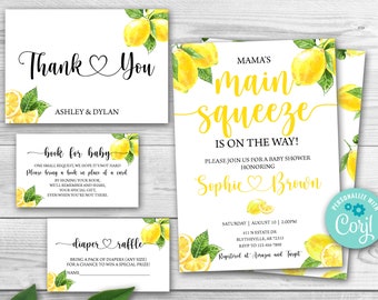 May include: A set of printable baby shower invitations featuring a lemon theme. The invitations have a yellow and green watercolour lemon design with the text "Mama's Main Squeeze is on the Way!" and "Sophie Brown".