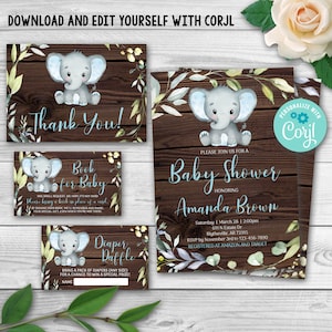 Editable Elephant Baby Shower Pack, Greenery Elephant Baby Shower Set, Elephant Baby Shower Invitation Package, Rustic Wood Baby Shower 0102