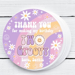EDITABLE Two Groovy Birthday Favor Thank You Tag Groovy Birthday Favor Tag Daisy Hippie 70&#39;s Retro Gift Tag Peace Love Party Favors 0170