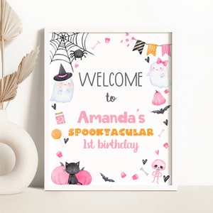 Editable Pink Halloween Ghost Birthday Welcome Sign Spooktacular Halloween Welcome Sign Halloween Party Decor Pink Spooky Halloween 0154