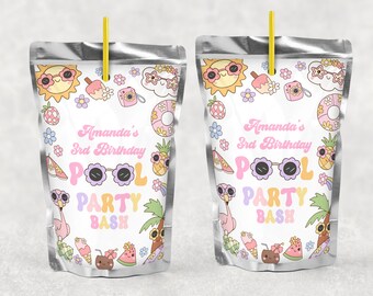 May include: Two silver juice pouches with a white background and colorful illustrations of a pool party theme. The text on the pouches reads "Amanda's 3rd Birthday Pool Party Bash".