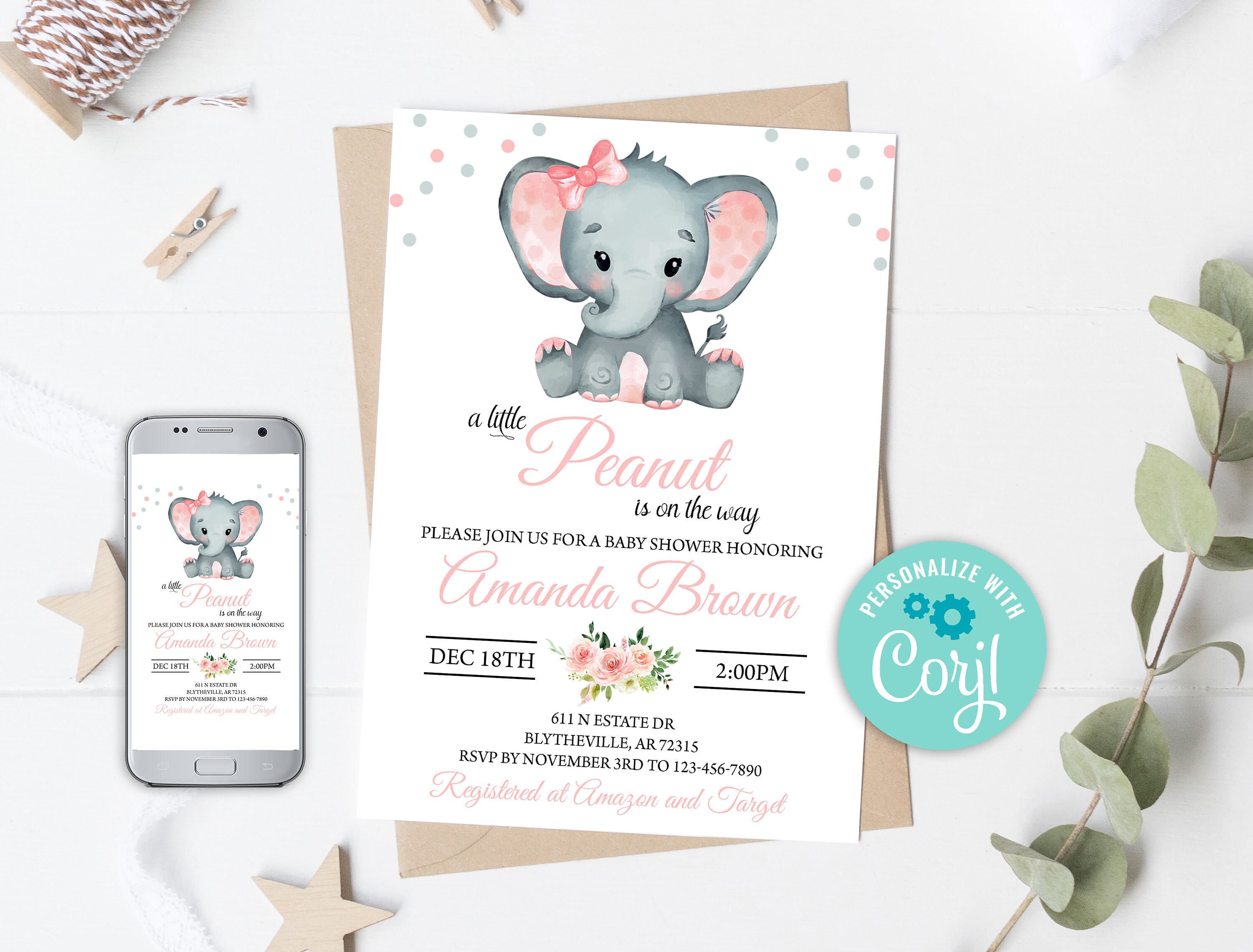 Editable Elephant Baby Shower Set Pink Elephant Baby Shower - Etsy