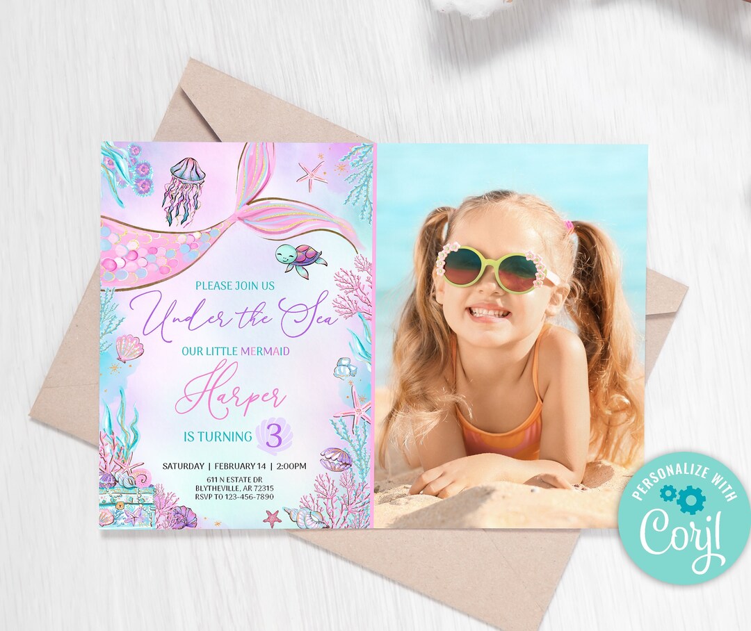 Editable Mermaid Birthday Invitation Mermaid Under the Sea Birthday