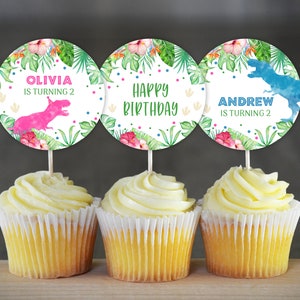 Dinosaurs Cupcake Toppers Dino Birthday Party Decoration Dinosaurs Cupcake Toppers Dino Twice Birthday T-Rex Cupcake Toppers 0207