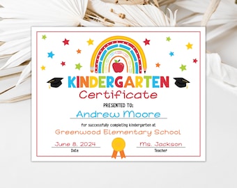 Editable Kindergarten Graduation Certificate Kindergarten Diploma Personalized Graduation Certificate Last Day of School Certificate 0206