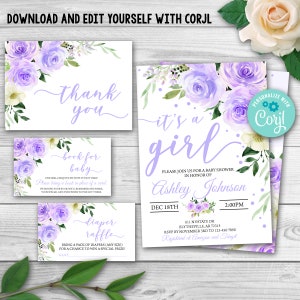 Ensemble de douche de bébé violet modifiable. Forfait pourpre de fille d'invitation de douche de bébé. C'est un pack de douche de bébé floral violet pour fille. 0104
