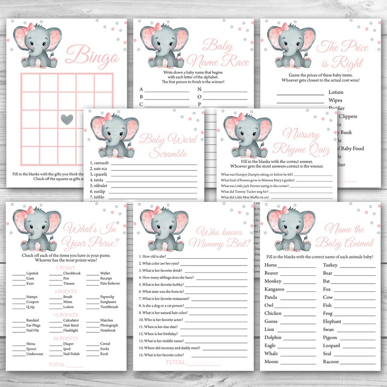 Pink Elephant Baby Shower Game Package 8 Printable Elephant Etsy