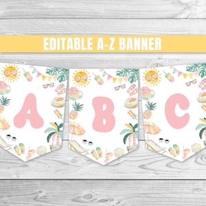 Editable piscina fiesta de cumpleaños Banner Tropical Splish Splash Girly Pool Party Cumpleaños A-Z Banner Verano Piscina Splash Pad Fiesta 0228
