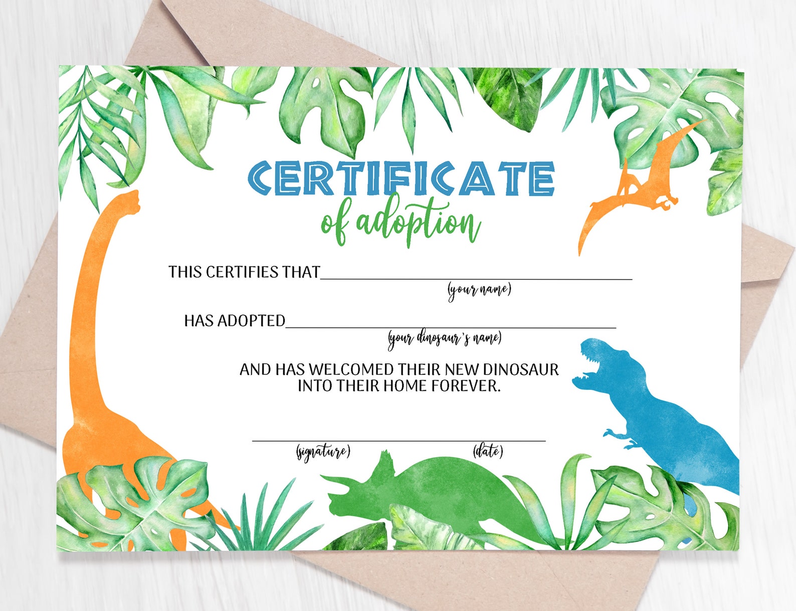 Adopt A Dinosaur Adoption Certificate Blue Dinosaurs Adoption Etsy UK