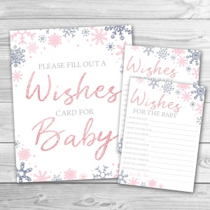 Schneeflocke Baby Shower Wünsche für Baby Girl Printable, Gute Besserung Wünsche für das Baby, Schneeflocke Baby Shower Spiel, Wünsche für Baby Karten 0103