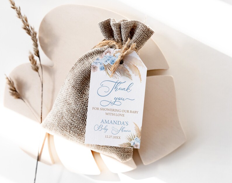 EDITABLE Blue Pampas Grass Baby Shower Favor Tag Bohemian Thank You ...