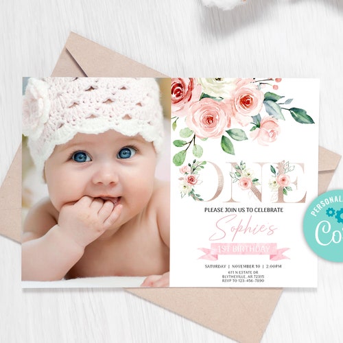 Blush Pink & Gold Floral Birthday Girl Invitation Editable Etsy