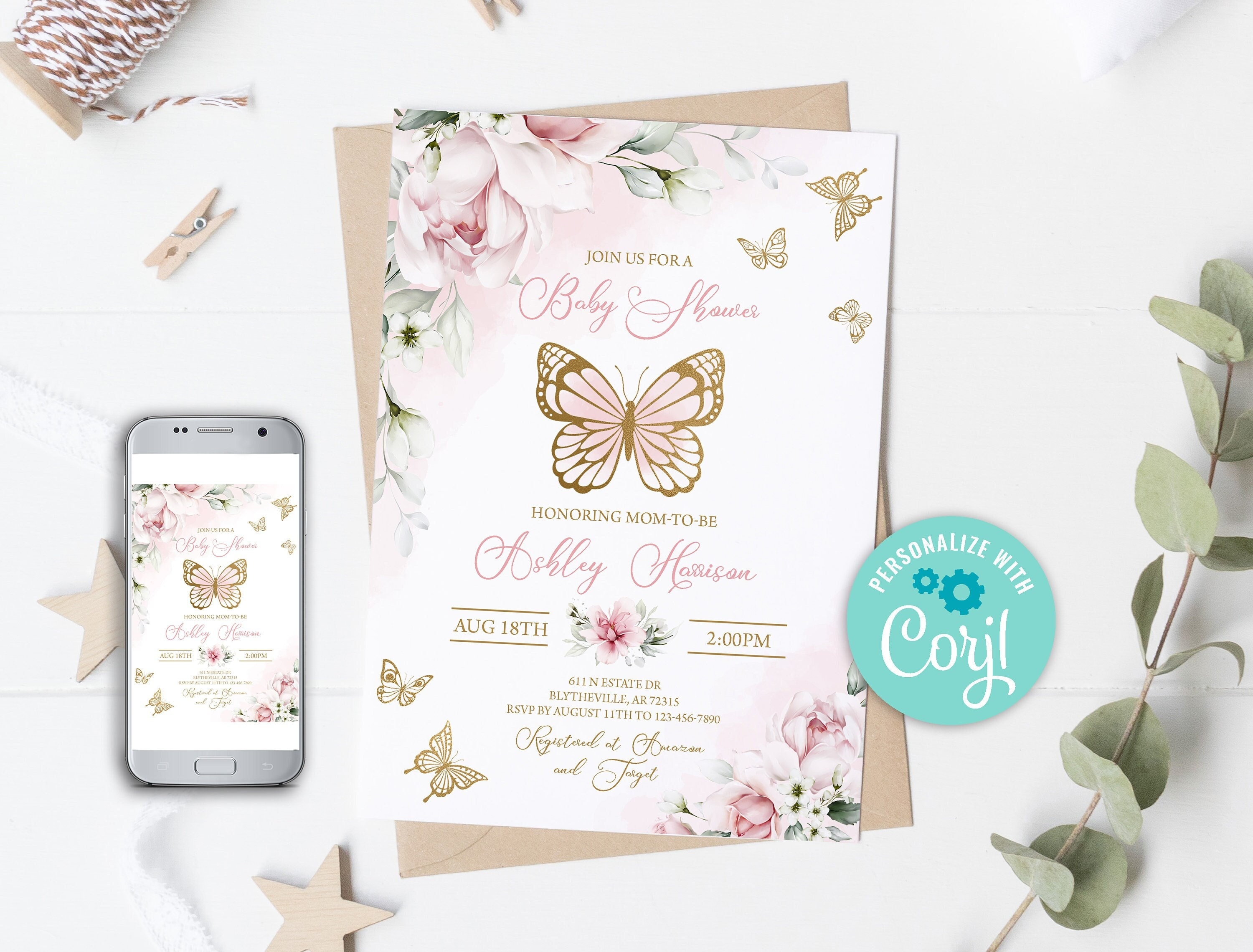 Editable Pink Gold Butterfly Baby Shower Invitation Butterfly Kisses and Baby Wishes Baby Shower Sprinkle Invitation Girl