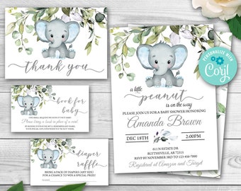 Editable Greenery Foliage Baby Shower Invitation Set. Elephant Baby Shower Invitation Pack. Gender Neutral Baby Shower Template 0102