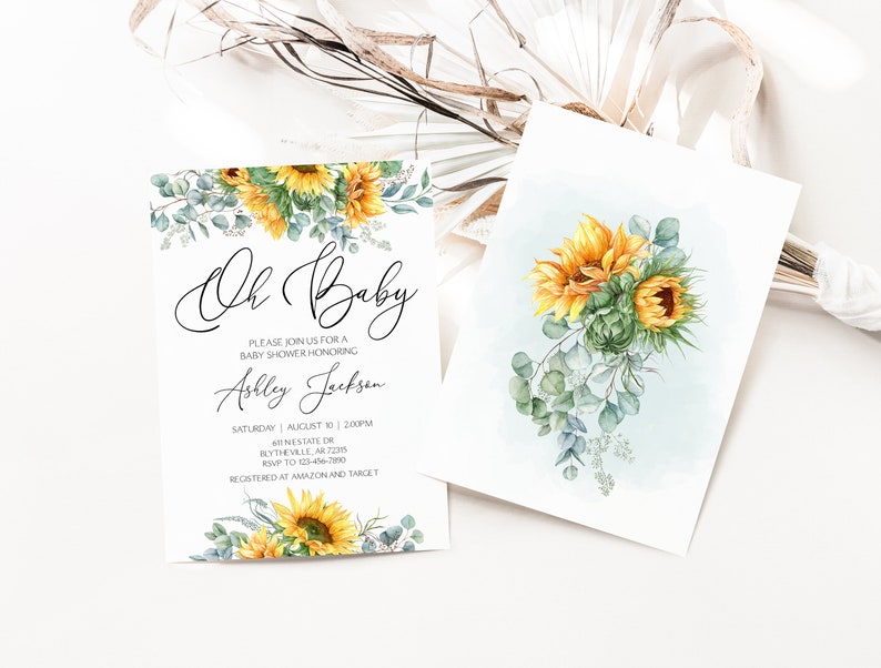 EDITABLE Sunflower Baby Shower Invitation Watercolor Etsy