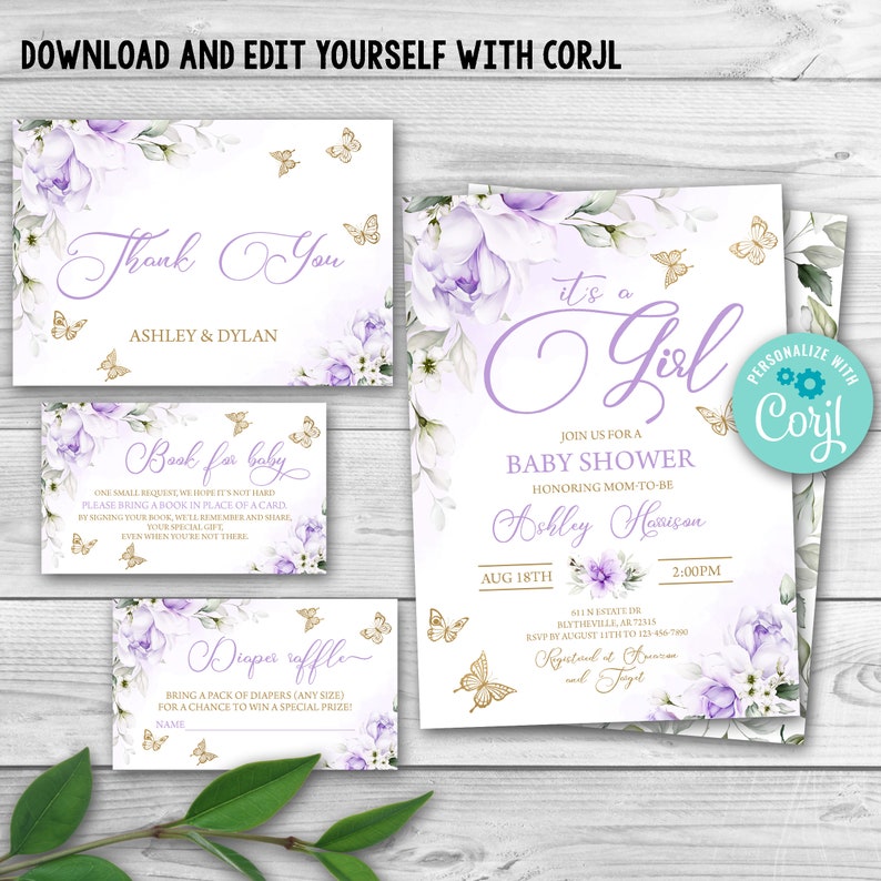 Editable Purple Gold Butterfly Baby Shower Invitation Lavender Butterfly Kisses and Baby Wishes Baby Shower Sprinkle