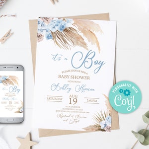 EDITABLE Blue Pampas Grass Baby Shower Invitation Boy Boho Baby Shower ...