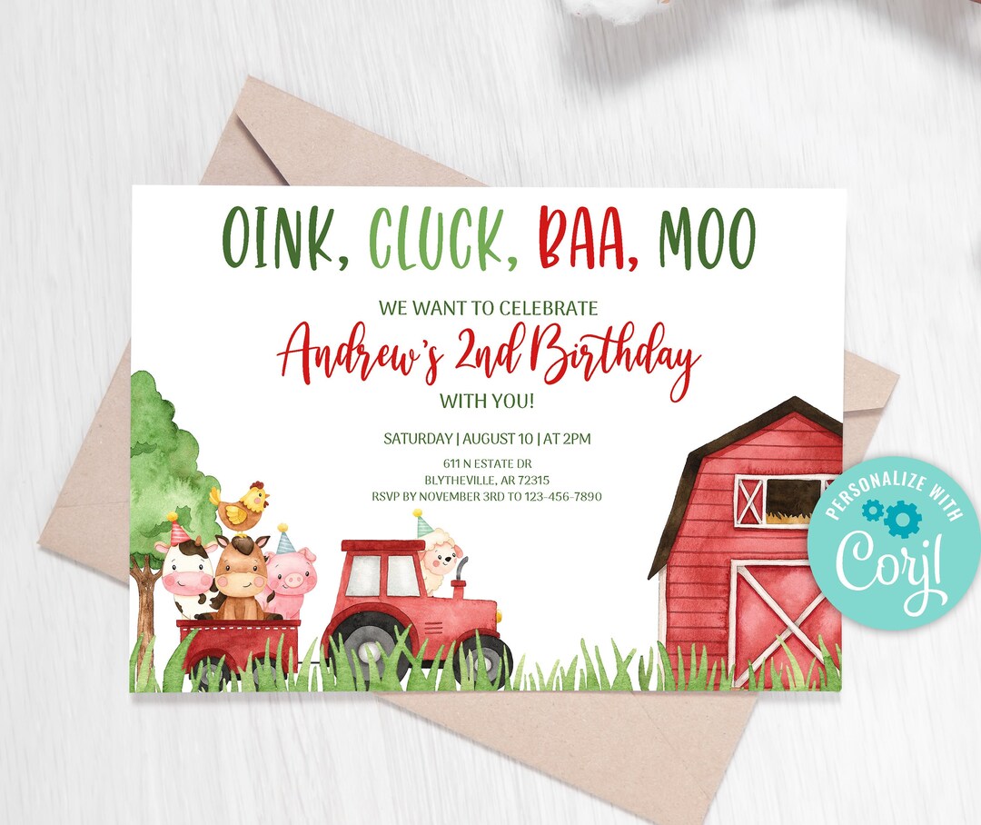Editable Farm Birthday Invitation Red Farm Animals Birthday Invitation ...