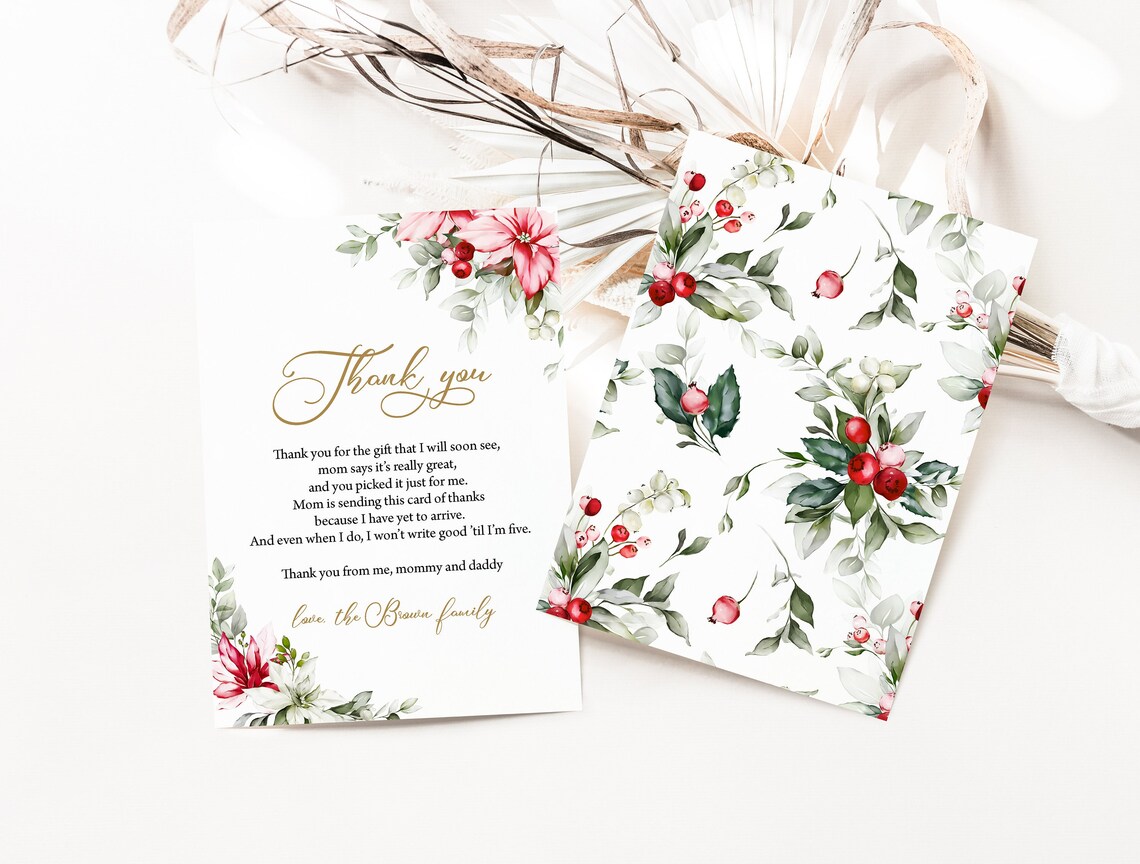 Editable Christmas Thank You Card Christmas Floral Thank You Etsy