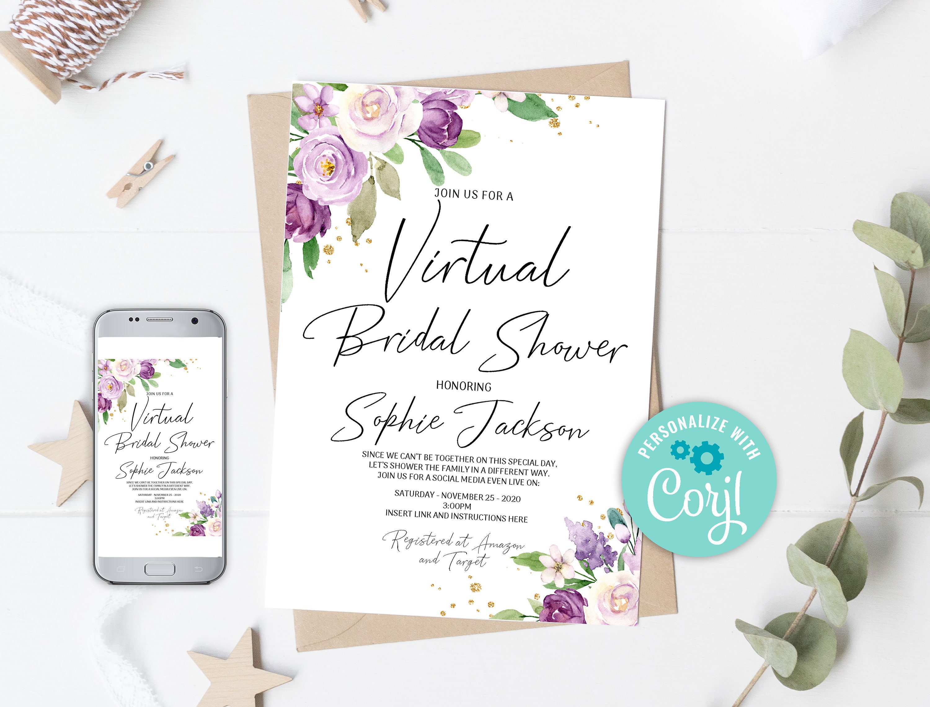 Editable Virtual Bridal Shower Invitation Lilac Floral Etsy UK