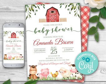 Editable Red Farm Animals Baby Shower Invitation. Farm Baby Shower Invite, Boy Barnyard Baby Shower, Gender Neutral Farm Invitations 0106
