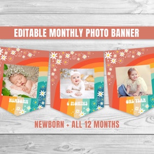 Editable Groovy Birthday Monthly Photo Banner Groovy One 1st Birthday Monthly Banner Rainbow Peace Love Party Birthday Banner 0170