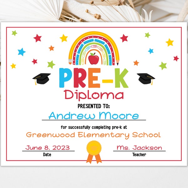 Editable Pre-K Diploma Graduation Pre-K Certificate School Graduation Certificate Last Day of School Diploma Certificate 0206