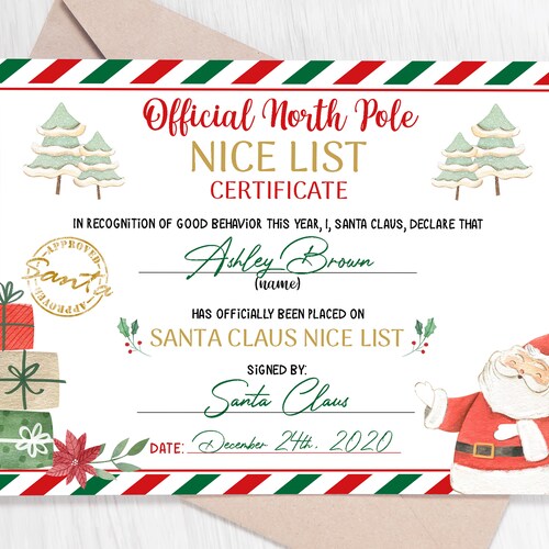 EDITABLE Santa Claus Official Nice List Certificate North Pole - Etsy