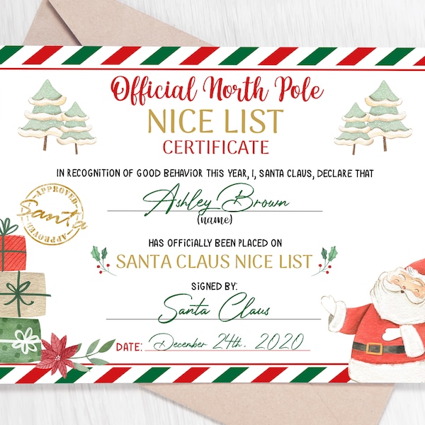 EDITABLE Santa Claus Official Nice List Certificate North Pole Mail Christmas Eve Box Letter From The Desk Of Santa Instant Download 0139