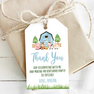 EDITABLE Farm Animals Favor Tag Printable Blue Farm Thank You Tags Farm ...