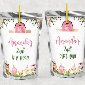 EDITABLE Farm Animals Juice Labels Farm Juice Pouch Labels Pink Farm Juice Label Barnyard Party Girl Farm Juice Labels 0106